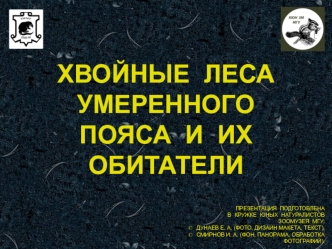 ХВОЙНЫЕ ЛЕСА УМЕРЕННОГО ПОЯСА И ИХ ОБИТАТЕЛИ ПРЕЗЕНТАЦИЯ ПОДГОТОВЛЕНА В КРУЖКЕ ЮНЫХ НАТУРАЛИСТОВ ЗООМУЗЕЯ МГУ: ДУНАЕВ Е. А. (ФОТО, ДИЗАЙН МАКЕТА, ТЕКСТ),