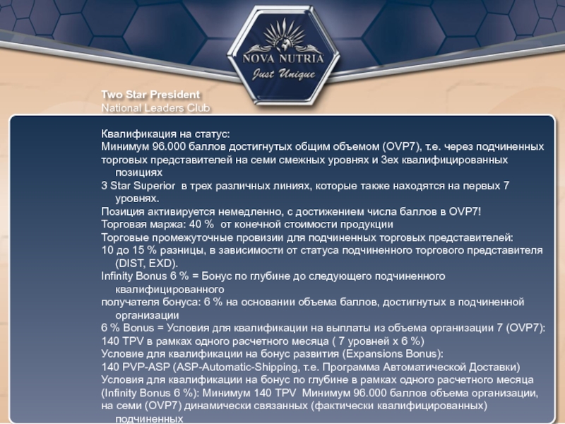 Two Star President National Leaders Club  Квалификация на статус: Минимум 96.000