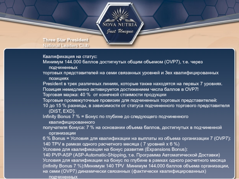 Three Star President National Leaders Club  Квалификация на статус: Минимум 144.000