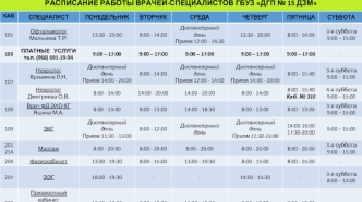 Расписание работы врачей-специалистов ГБУЗ ДГП № 15 ДЗМ на февраль 2017 года