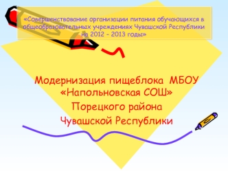 Модернизация пищеблока  МБОУ Напольновская СОШ
Порецкого района 
Чувашской Республики