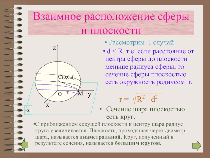 Радиус плоскости. Сечения шара и сферы. Сечение сферы плоскостью есть окружность. Сечение шара плоскостью есть.