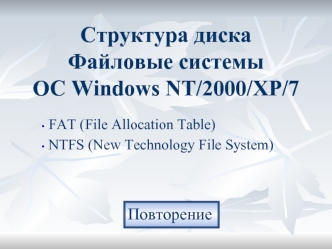 Структура дискаФайловые системыОС Windows NT/2000/XP/7