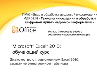 Работа c Microsoft Excel. Технологии ввода и обработки числовой информации