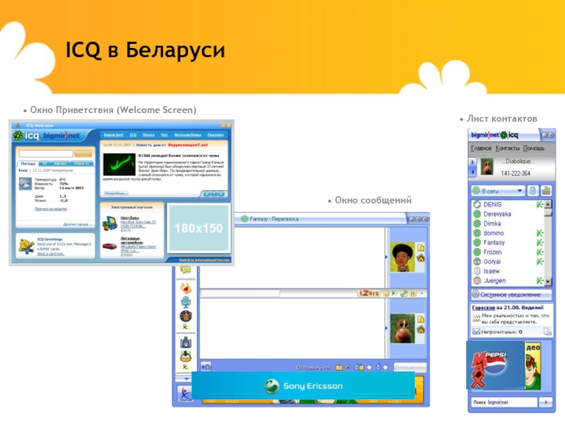 ICQ в Беларуси Окно сообщений Лист контактов Окно Приветствия (Welcome Screen)