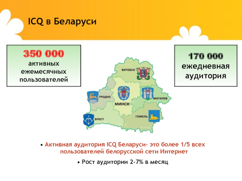 ICQ в Беларуси350 000активныхежемесячныхпользователей170 000ежедневнаяаудитория Активная аудитория ICQ Беларуси– это более