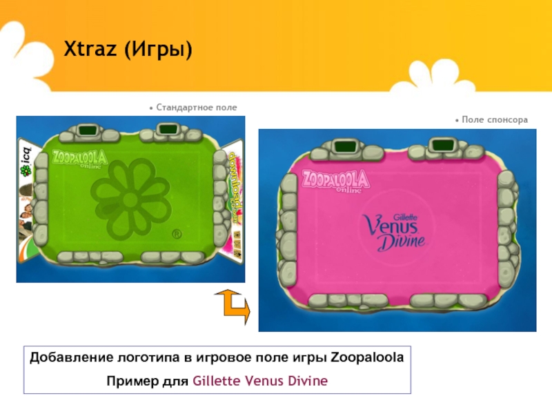 Xtraz (Игры)Добавление логотипа в игровое поле игры ZoopaloolaПример для Gillette Venus Divine Стандартное поле Поле спонсора