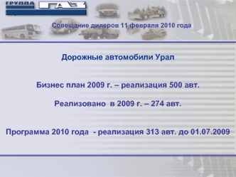 Дорожные автомобили УралБизнес план 2009 г. – реализация 500 авт.Реализовано  в 2009 г. – 274 авт.Программа 2010 года  - реализация 313 авт. до 01.07.2009