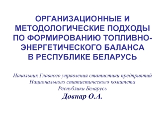 ОРГАНИЗАЦИОННЫЕ И МЕТОДОЛОГИЧЕСКИЕ ПОДХОДЫ ПО ФОРМИРОВАНИЮ ТОПЛИВНО-ЭНЕРГЕТИЧЕСКОГО БАЛАНСА В РЕСПУБЛИКЕ БЕЛАРУСЬНачальник Главного управления статистики предприятий Национального статистического комитета Республики БеларусьДовнар О.А.