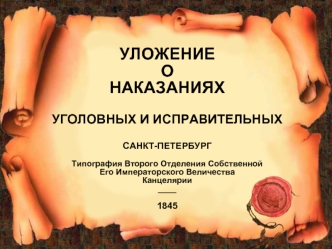 УЛОЖЕНИЕ 
О 
НАКАЗАНИЯХ 

УГОЛОВНЫХ И ИСПРАВИТЕЛЬНЫХ 

САНКТ-ПЕТЕРБУРГ

Типография Второго Отделения Собственной 
Его Императорского Величества
Канцелярии 
____

1845