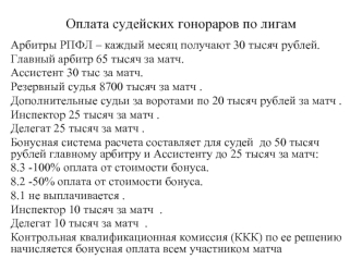 Оплата судейских гонораров по лигам. Арбитры по мини-футболу