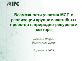 Возможности участия МСП в реализации крупномасштабных проектов в природно-ресурсном секторе  Деловой ФорумРеспублика Коми6 февраля 2004