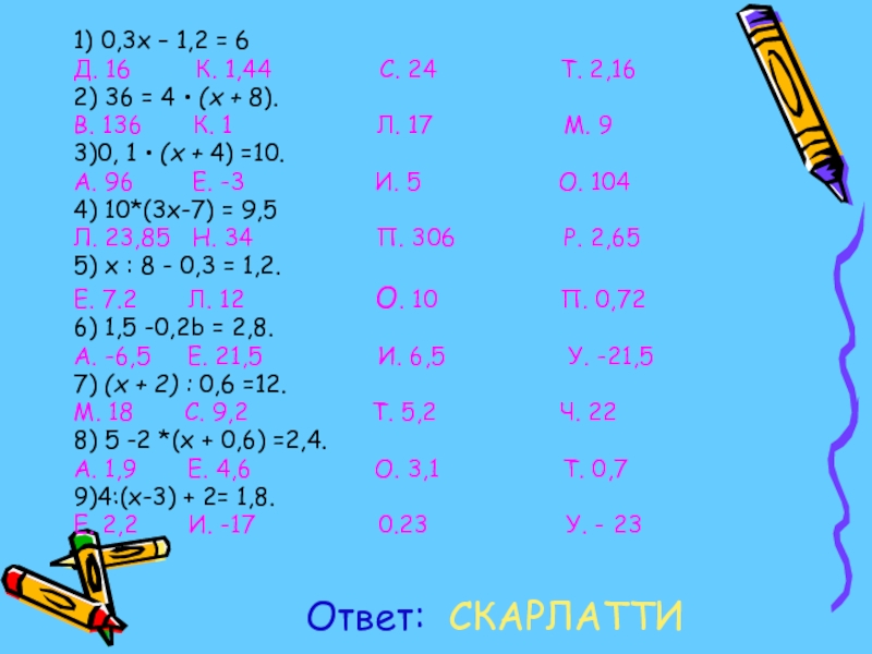 1) 0,3x – 1,2 = 6 Д. 16