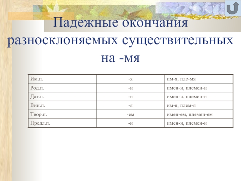 Окончания разносклоняемых существительных. Таблица разносклоняемых имен существительных. Падежные окончания разносклоняемых существительных. Склонение имен существительных на мя.