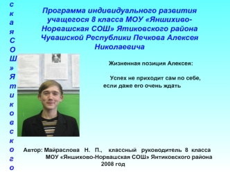 Программа индивидуального развития учащегося 8 класса МОУ Яншихиво-Норвашская СОШ Ятиковского района Чувашской Республики Печкова Алексея Николаевича