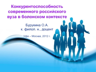 Конкурентоспособность современного российского вуза в болонском контексте 

Бурукина О.А.
к. филол. н., доцент

Уфа – Москва, 2012 г.
