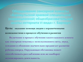 Оборудование сенсорной комнаты Барнаульской краевой специальной (коррекционной) общеобразовательной школы-интерната VI вида г. Барнаул