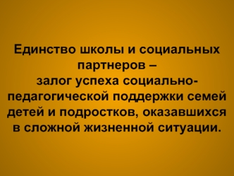 Единство школы и социальных партнеров – залог успеха социально-педагогической поддержки семей  детей и подростков, оказавшихся в сложной жизненной ситуации.