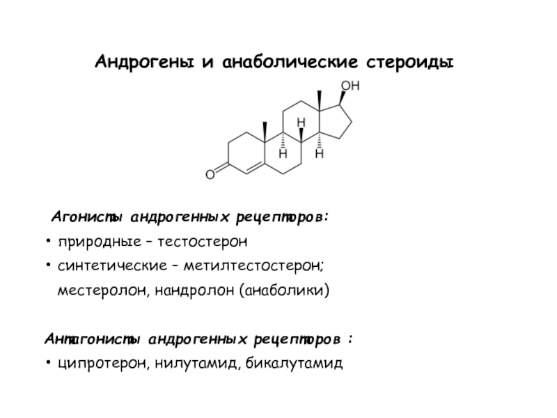 Андрогены и анаболические стероиды  Агонисты андрогенных рецепторов: природные – тестостерон синтетические