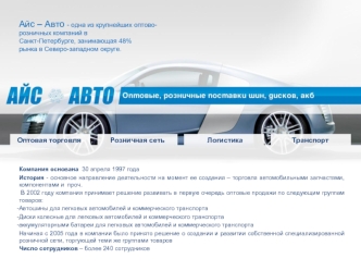 Айс – Авто - одна из крупнейших оптово-розничных компаний в Санкт-Петербурге, занимающая 48%рынка в Северо-западном округе.