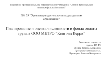 Планирование и оценка численности и фонда оплаты труда в ООО МЕТРО Кеш энд Керри