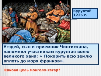 Угэдей, сын и приемник Чингисхана, напомнил участникам курултая волю великого хана:  Покорить всю землю вплоть до моря франков.