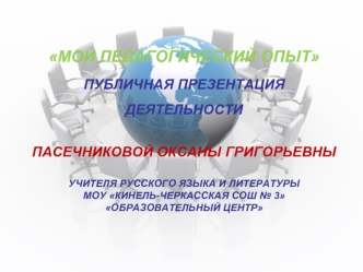 Мой педагогический опыт
Публичная презентация
Деятельности 

ПАСЕЧНИКОВОЙ Оксаны Григорьевны

Учителя русского языка и литературы
МОУ Кинель-Черкасская СОШ № 3
Образовательный центр