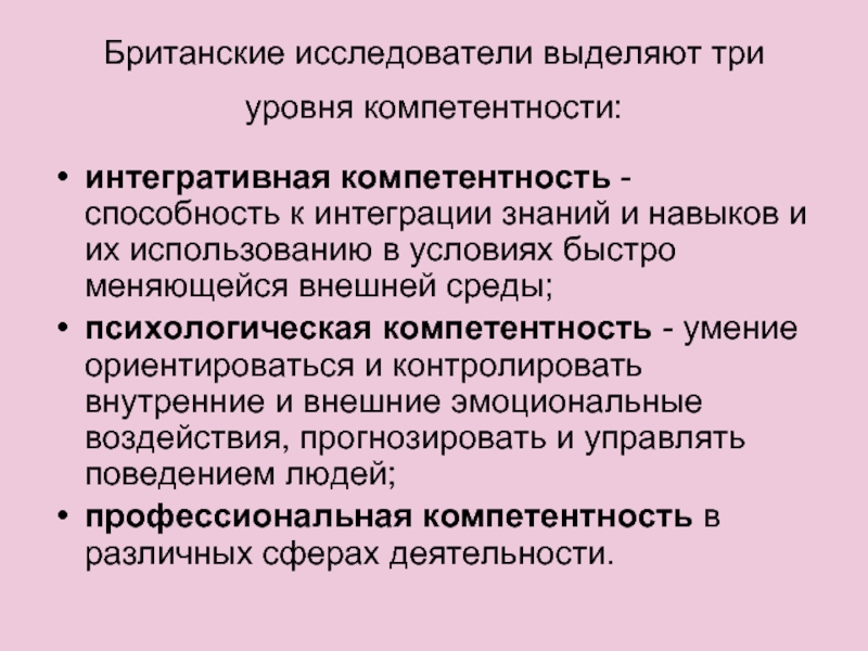 Исследователи выделяют. Принцип компетентности психолога. Компетентности на трех уровнях. Принцип профессиональной компетентности. Интегративная способность.