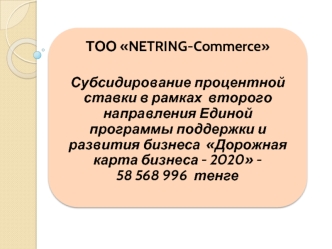 ТОО NETRING-Commerce. Субсидирование процентной ставки в рамках второго направления единой программы поддержки бизнеса