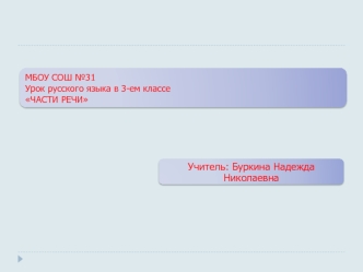 МБОУ СОШ 31 Урок русского языка в 3-ем классе ЧАСТИ РЕЧИ Учитель: Буркина Надежда Николаевна.