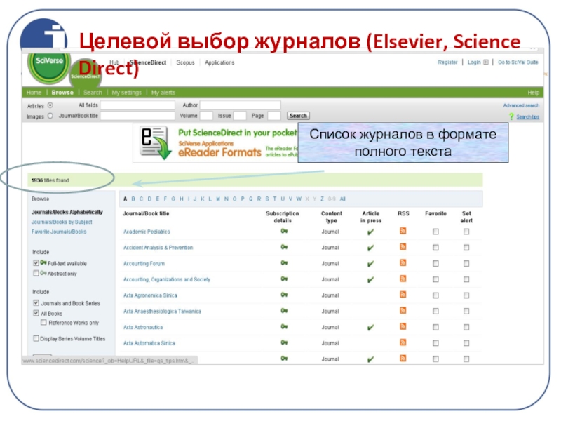 Список журналов в формате полного текста Целевой выбор журналов (Elsevier, Science Direct)