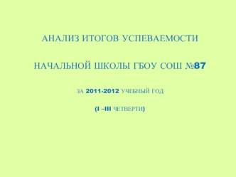 АНАЛИЗ ИТОГОВ УСПЕВАЕМОСТИ НАЧАЛЬНОЙ ШКОЛЫ ГБОУ СОШ №87ЗА 2011-2012 УЧЕБНЫЙ ГОД (I –III ЧЕТВЕРТИ)