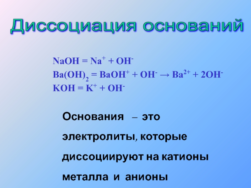 Соляная кислота взаимодействует с ba oh 2. Основания диссоциируют на. Основания это электролиты которые диссоциируют. Baoh2 диссоциация. Катионы ba2+ анионы Oh-.