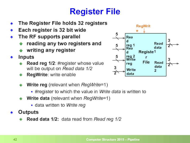 Register File The Register File holds 32 registers Each register is 32