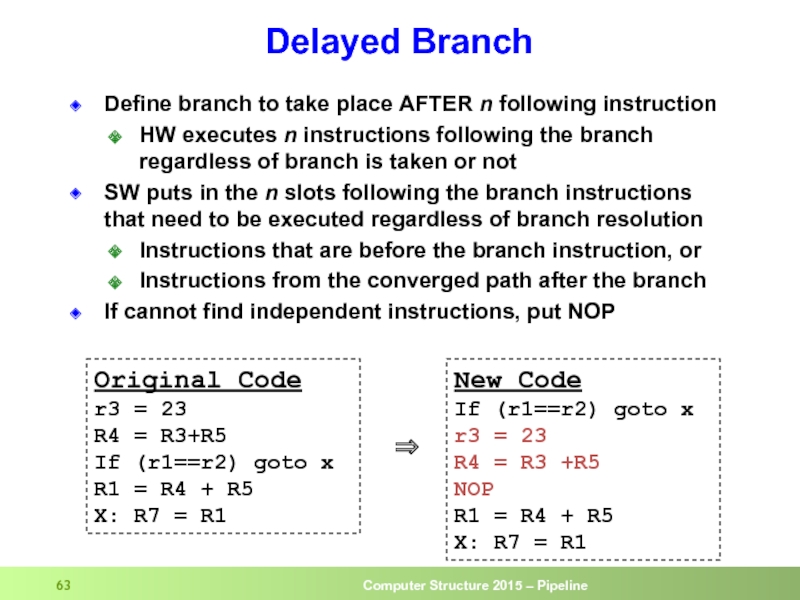 Delayed Branch Define branch to take place AFTER n following instruction HW