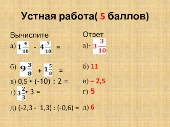 Устная работа( 5 баллов)