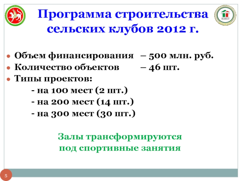 Программа строительства сельских клубов 2012 г.Объем финансирования 	– 500 млн. руб.Количество объектов		–