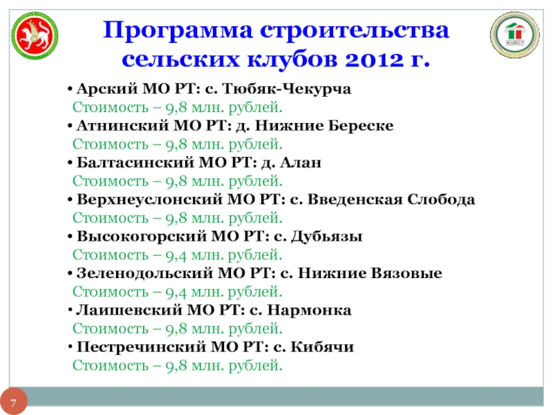 Программа строительства сельских клубов 2012 г. Арский МО РТ: с. Тюбяк-Чекурча Стоимость