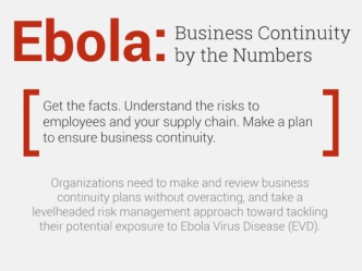 Ebola: business continuity by the numbers   We need one infographic for Info-Tech and one for McLean Co.
Get the facts. Understand the risks. Make a plan.
Opportunity [This is the member pain part]
Organizations need to make and review business continuity