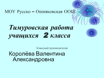 Тимуровская работа
учащихся  2 класса 

Классный руководитель: 
Королёва Валентина Александровна