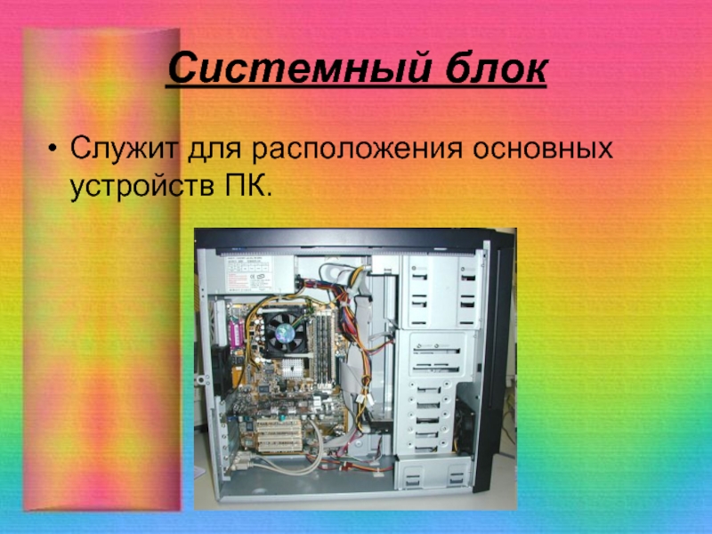 Системной системой. Системный блок для слайда. Основные устройства системного блока. Системный блок компьютера слайд. Устройство системного блока компьютера Информатика.