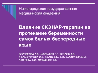 Нижегородская государственная медицинская академия                                                                                                                   Влияние СКЭНАР-терапии на протекание беременности самок белых беспородных крысБОРОВКОВА Л.