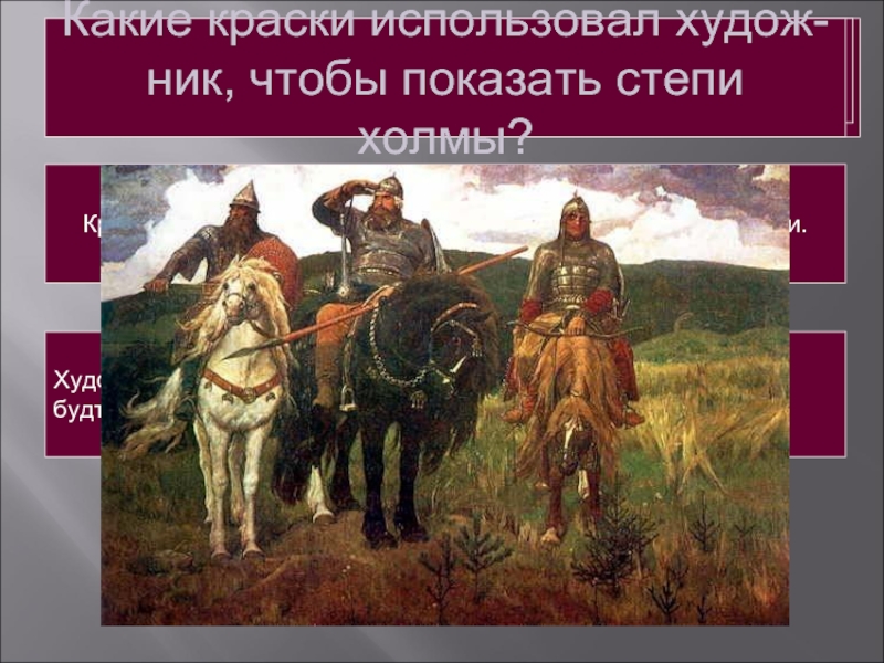 Как звали третьего. Васнецов богатыри презентация. Кто изображен на картине три богатыря. Картина три богатыря что на ней изображено. Краски на картине Васнецова богатыри.