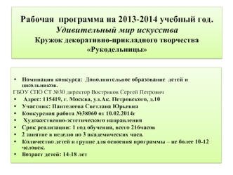 Рабочая  программа на 2013-2014 учебный год.Удивительный мир искусстваКружок декоративно-прикладного творчества Рукодельницы