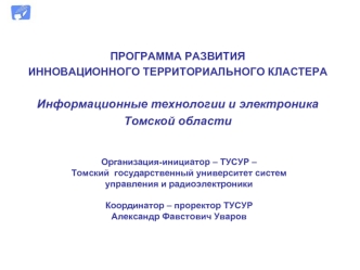 ПРОГРАММА РАЗВИТИЯ
ИННОВАЦИОННОГО ТЕРРИТОРИАЛЬНОГО КЛАСТЕРА

Информационные технологии и электроника 
Томской области