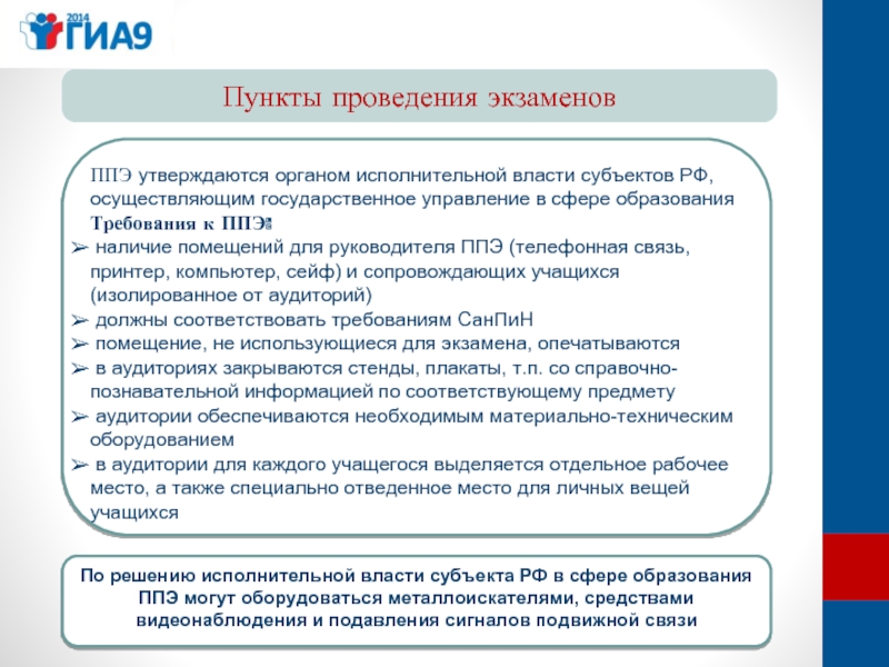 Пункты проведения экзаменов  ППЭ утверждаются органом исполнительной власти субъектов РФ, осуществляющим