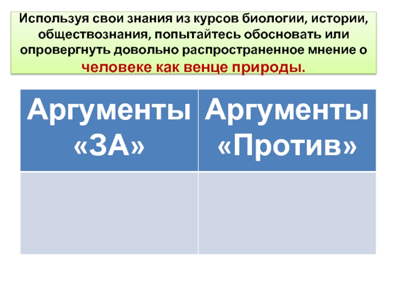 Распространенное мнение. Человек венец природы Аргументы за и против. Используя свои знания по истории России обоснуйте.