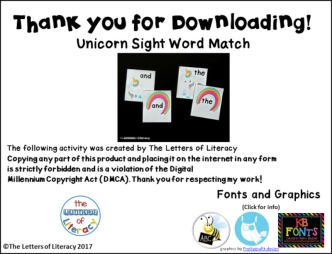 Unicorn sight word match. Graphics by prettygrafik design