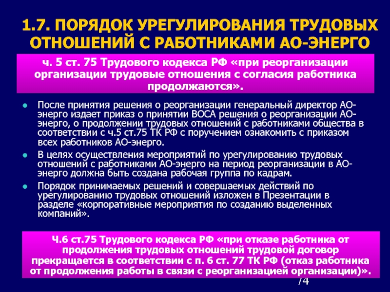 Порядок 7. Урегулировать принятия решения. Действия урегулированные трудовым правом.