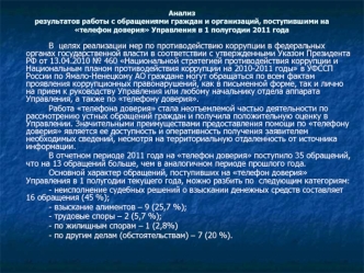 Анализрезультатов работы с обращениями граждан и организаций, поступившими на телефон доверия Управления в 1 полугодии 2011 года